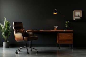 Dark office, leather chair, desk, plant, minimalist design, workspace, productivity
