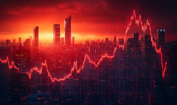 Economic crisis declining graphs and red city show global economic recession, stock market crash, inflation, Generative AI