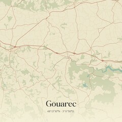 Retro map of Gouarec, Bretagne, France. Vintage street map.