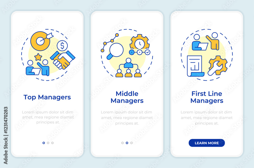 Poster levels of management onboarding mobile app screen. business. walkthrough 3 steps editable graphic in