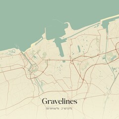 Retro map of Gravelines, Hauts-de-France, France. Vintage street map.