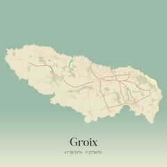 Retro map of Groix, Bretagne, France. Vintage street map.