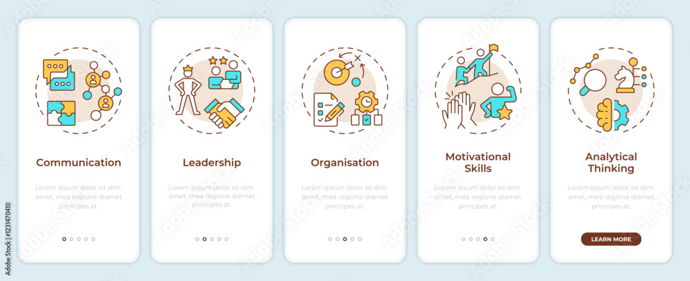 Poster line manager skills onboarding mobile app screen. corporate. walkthrough 5 steps editable graphic in