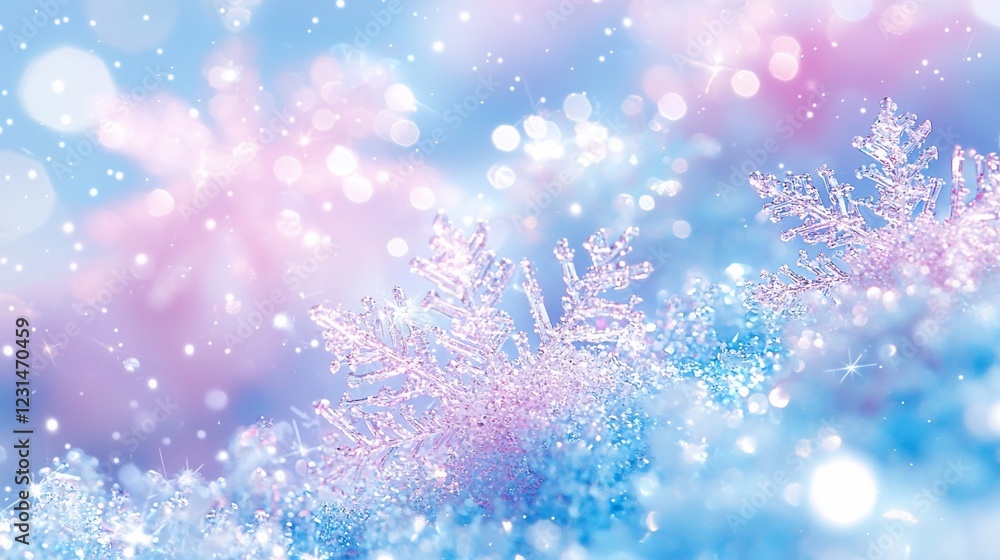 Poster sparkling pastel snowflakes on a bokeh background.