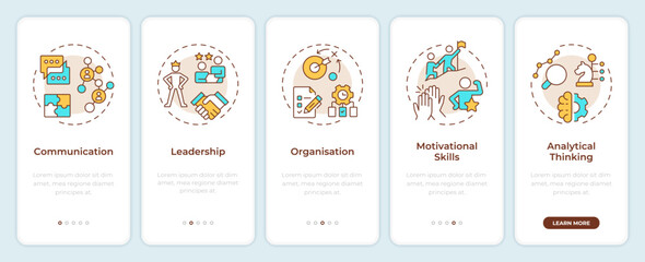 Fototapeta premium Line manager skills onboarding mobile app screen. Corporate. Walkthrough 5 steps editable graphic instructions with linear concepts. UI, UX, GUI template. Montserrat SemiBold, Regular fonts used