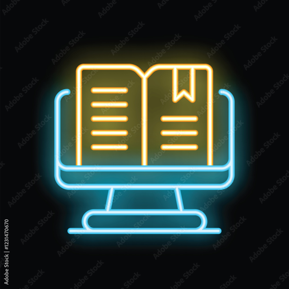 Poster neon icon of an open book displaying on a computer screen representing the concept of e learning