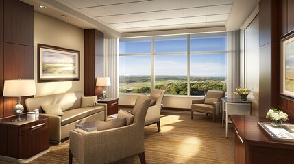 Luxurious hospital suite panoramic view therapy