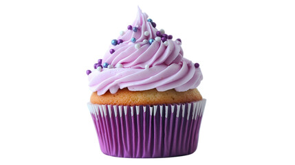 Delicious purple cupcake topped with swirled frosting and colorful sprinkles in a bright setting