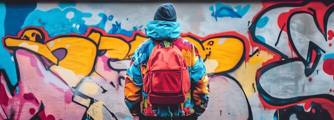 Fototapeta premium A person standing in front of a graffiti-covered wall, wearing a colorful jacket