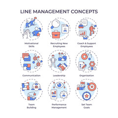 Fototapeta premium Line management multi color concept icons. Corporate career. Goods production and delivery employees supervision. Icon pack. Vector images. Round shape illustrations for presentation. Abstract idea