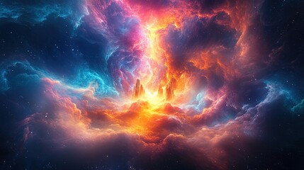 Fototapeta premium An abstract floating fortress glowing with radiant energy in a magical sky