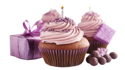 Delicious purple cupcakes with candles and gifts perfect for a birthday celebration
