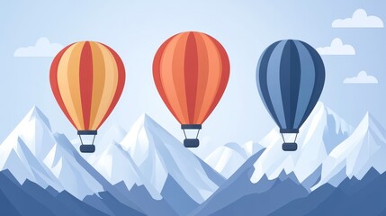 Fototapeta premium Three Pixel-Art Hot Air Balloons Ascending Over Snowy Mountains