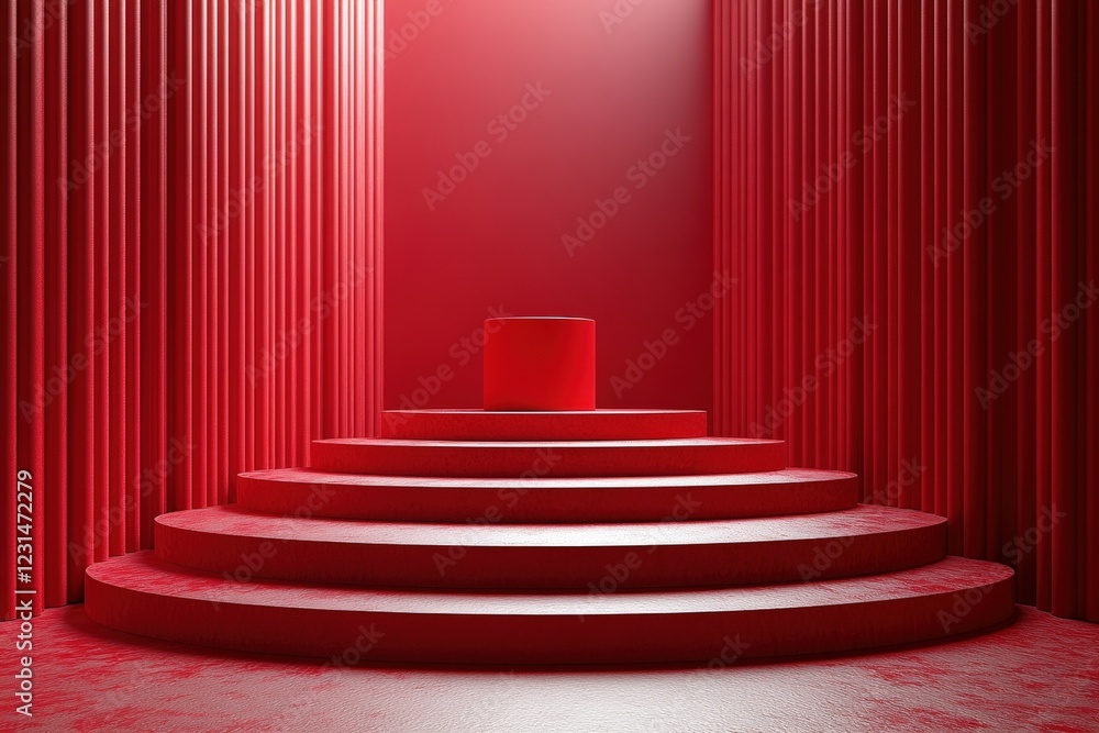 Poster red stage with matching red curtain and chair creating a vibrant theatrical setting for performances