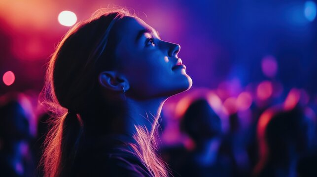 Side profile of a young woman completely immersed in the concert, lost in the sound.