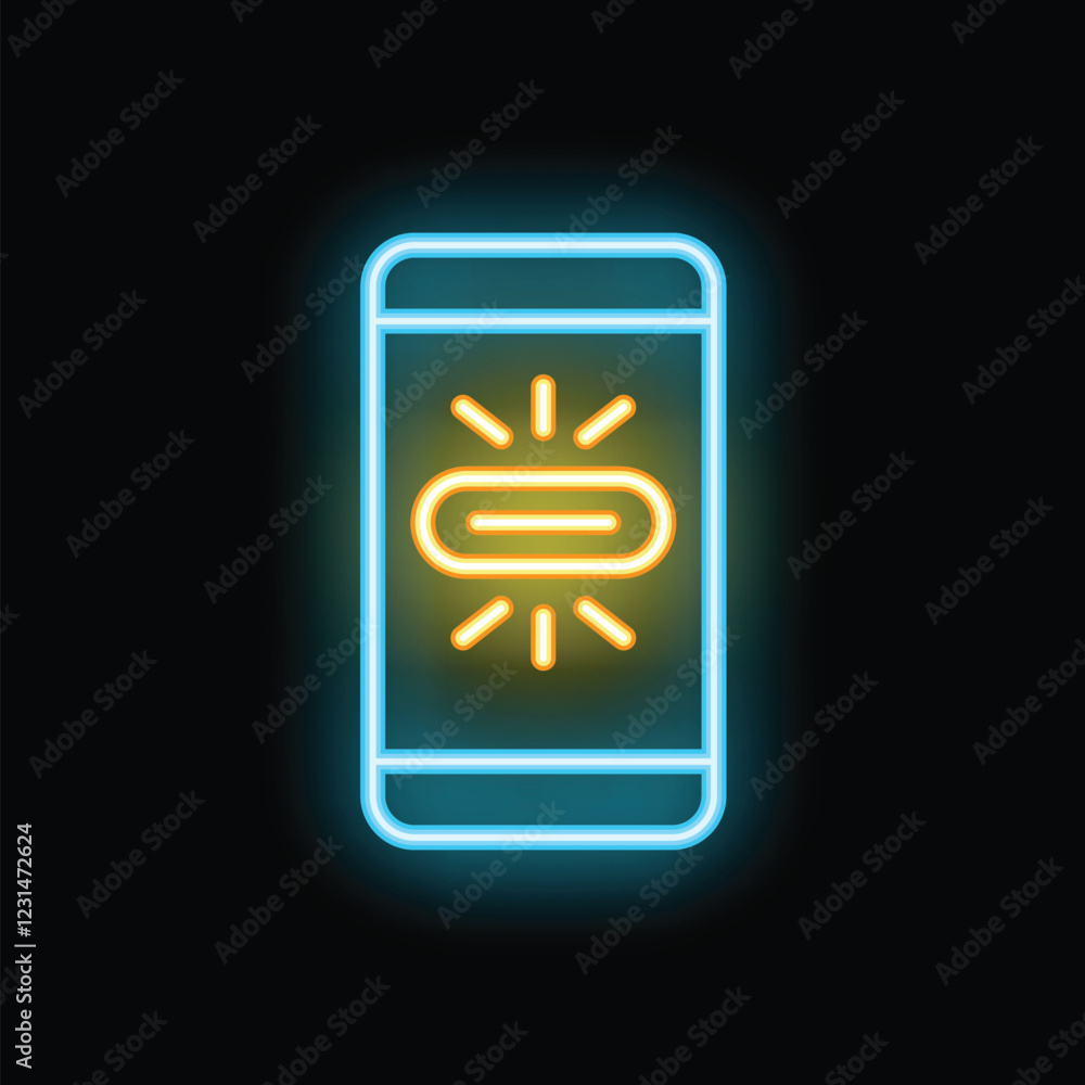 Poster neon smartphone showing flashlight application icon on screen illuminating dark background