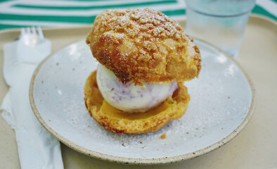 Ice cream choux sandwich on tray
