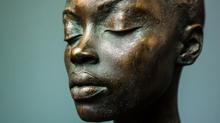 A detailed bronze sculpture head, placed against a simple, minimalistic background, emphasizing the craftsmanship and texture 
