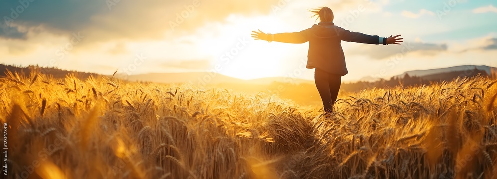 Poster a person running through a field of golden wheat with arms wide open