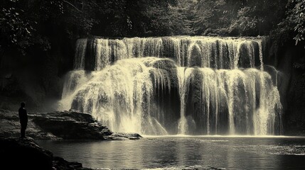Man contemplates serene jungle waterfall; misty background; nature photography