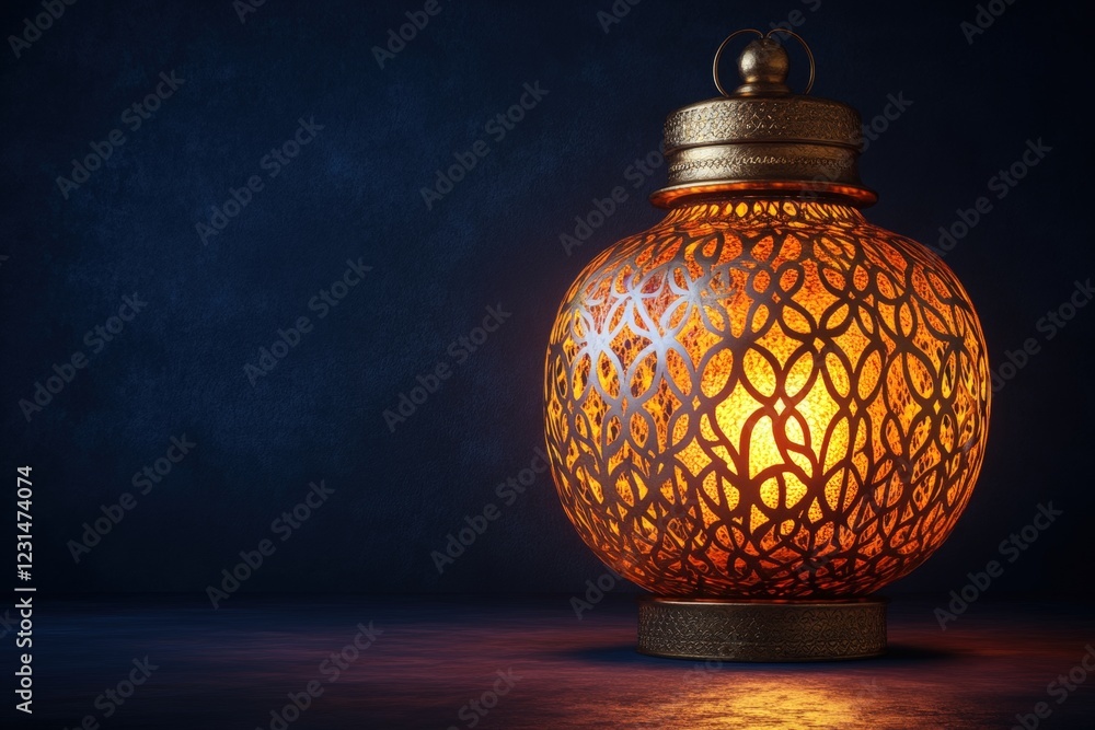 Poster lit candle with intricate patterned design glowing softly in dim light on a wooden surface