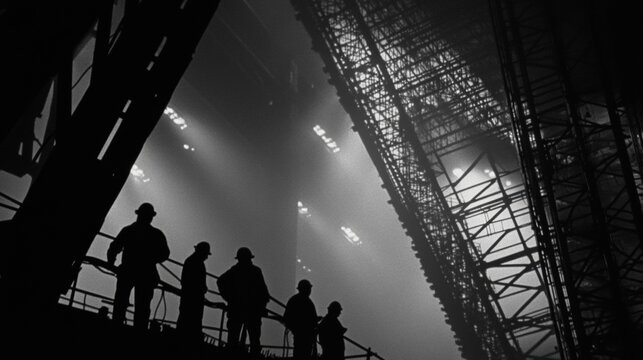 Silhouetted construction workers against a massive steel structure, with industrial lights casting long shadows.