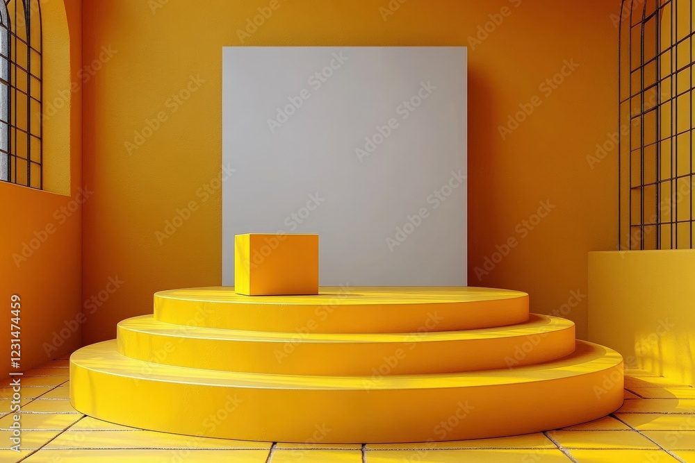 Poster yellow staircase with blank sign in the middle viewed from above in a modern architectural setting