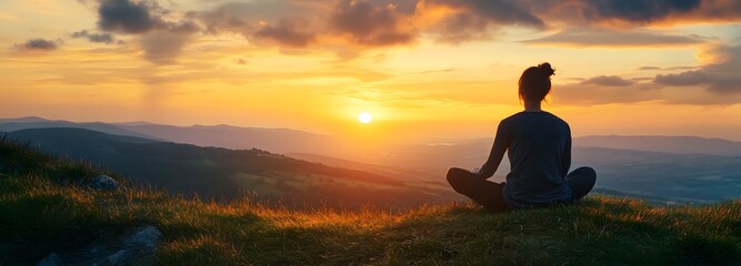 A person sitting cross-legged on a grassy hill, watching the sunset with a peaceful expression