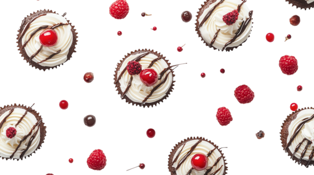Delicious chocolate cupcakes with whipped cream and fresh raspberries create an appealing dessert arrangement on a white background