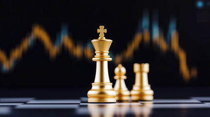 Golden chess pieces on board with stock market graphs in background, symbolizing strategy and investment