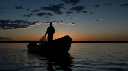 Silhouetted fisherman with a large net, standing on a small wooden boat during twilight.