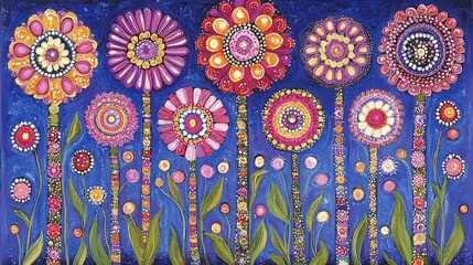 Fototapeta premium Vibrant, stylized floral artwork featuring large, colorful blossoms on dark blue background