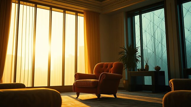 Modern interior room with a velvety armchair as the centerpiece, set against a backdrop of windows that allow warm, golden light to pour in, casting a sense of dreamlike wonder.