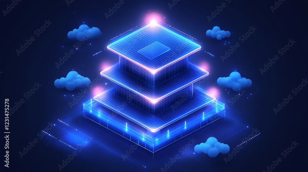 Poster abstract digital data center architecture in the cloud, illuminated with glowing blue lines