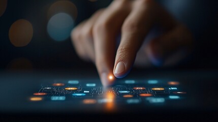 Digital Interaction Human Hand Touching Glowing Interface Modern Technology Close-Up View Innovative Concept