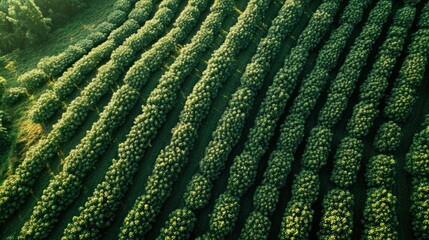 Aerial view of rows of plants on a farm at sunrise; agricultural background
