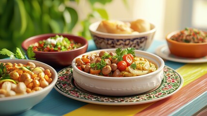 Ramadan iftar feast diverse dishes. Vibrant assortment of delicious dishes presented on a colorful table.