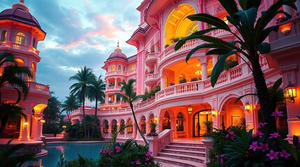 Obraz premium a dreamlike and vibrant resort hotel with intricately designed architecture, as if plucked from a fantasy world, capturing the luxurious atmosphere of a tropical getaway.