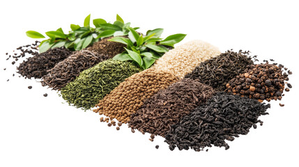 Assorted tea leaves and spices arranged in a row with fresh green leaves, organic herbal and black tea selection on a transparent background	
