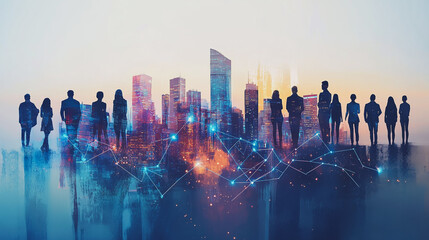 Abstract business team stands on the peak of success amid tall, innovative Smart city and graphs with statistics to analyze business potential and predict future developments in company growth