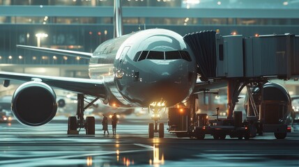 Airplane at night, airport gate, passenger boarding, ground crew