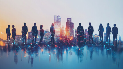 Abstract business team stands on the peak of success amid tall, innovative Smart city and graphs with statistics to analyze business potential and predict future developments in company growth