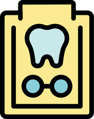 Clipboard showing tooth and protective glasses, representing dentist's attention to patient care and hygiene