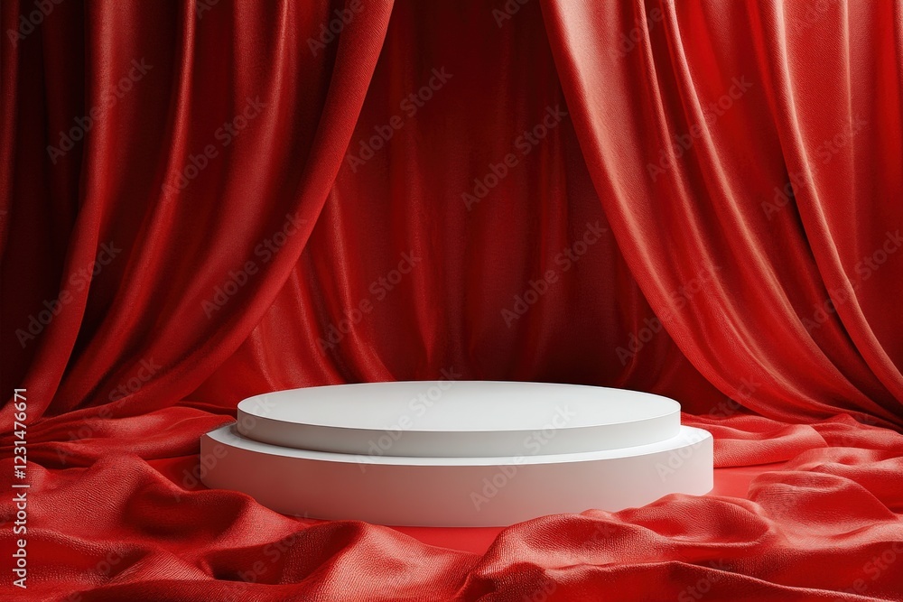 Poster white round object placed on a vibrant red cloth creating a striking visual contrast