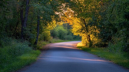 Obraz premium Serene Pathway Through Lush Green Forest at Sunset Glow