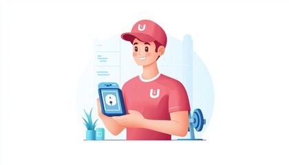 A friendly delivery worker in a red uniform uses a smartphone to track orders. The background features modern technology elements, highlighting convenience and user experience.