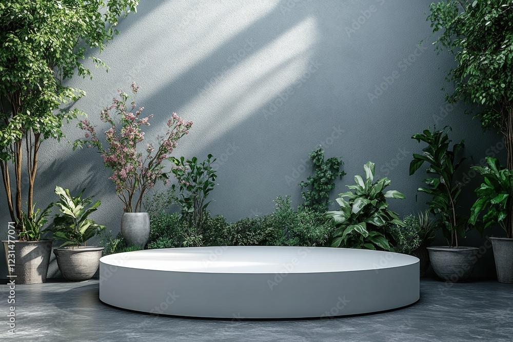 Poster white round table with various pots of plants arranged around it in a bright indoor setting