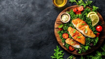 Delicious fried fish sandwich paired with a vibrant kale salad, perfect for a healthy meal. Space for text on the right.