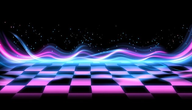 Neon Retro Grid Background, Vibrant Abstract Design With Light Particles And Checkerboard Pattern