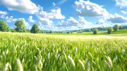 Sunny field, rolling hills, blue sky, clouds; idyllic nature scene for travel brochures